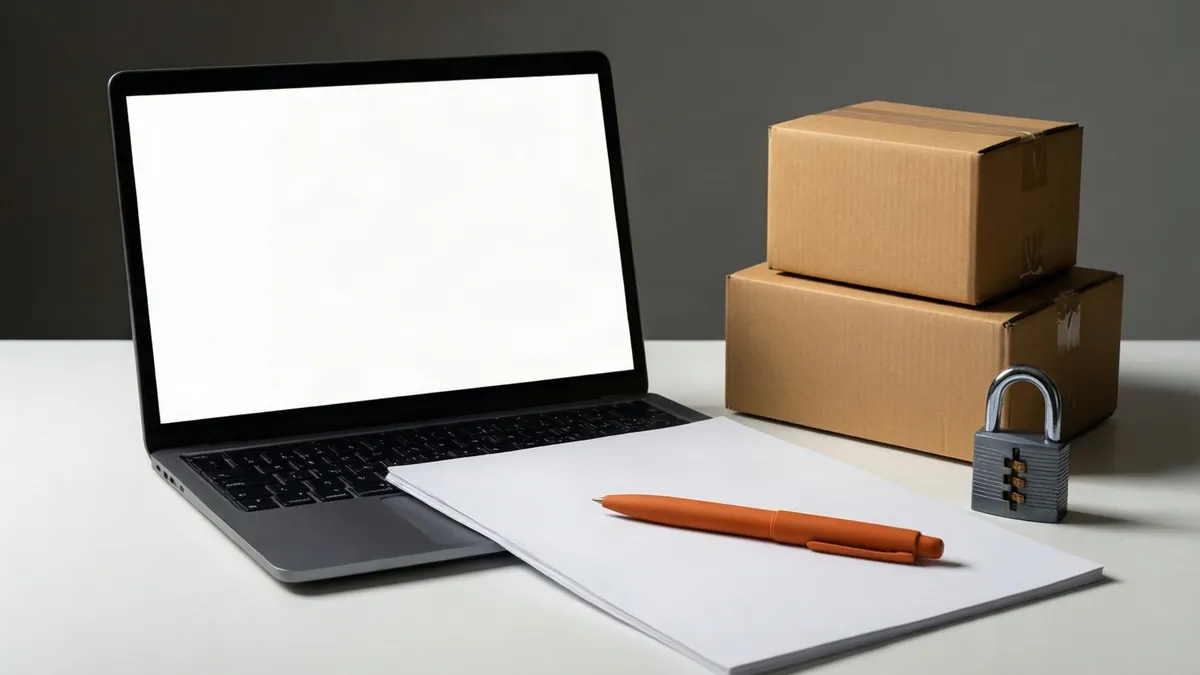 Ein Laptop steht neben zwei Kisten auf einem weißen Tisch, vor ihm liegen Papier, ein orangener Stift und ein Vorhängeschloss.