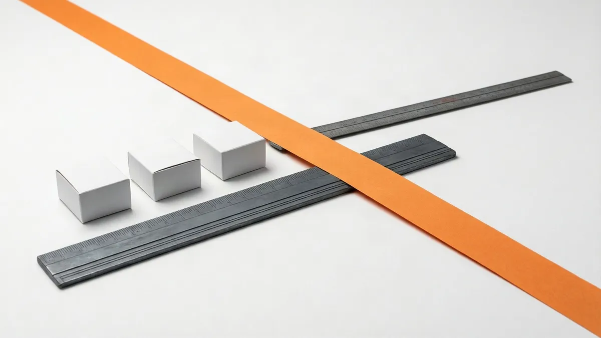 Zwei graue Metalllineale und drei kleine weiße Kartons auf einer weißen Fläche, gekreuzt von einem breiten orangefarbenen Papierstreifen