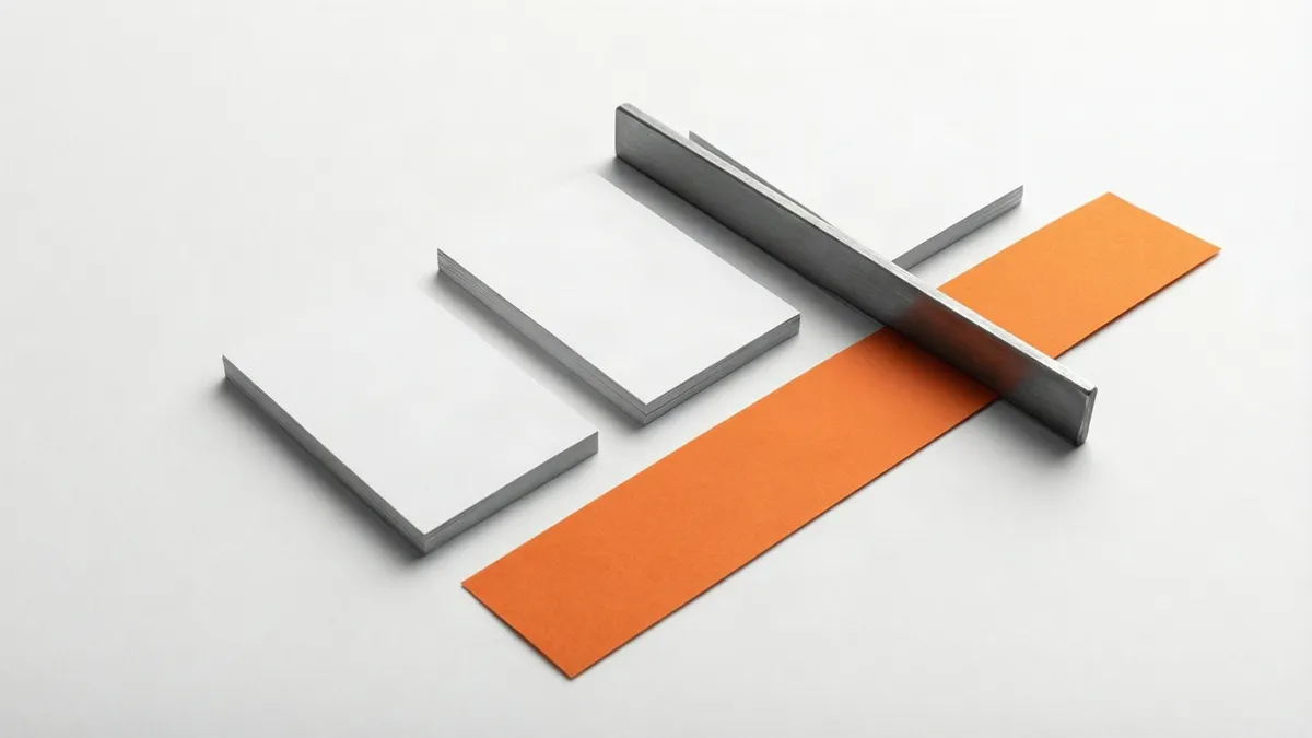 Eine dicke Stapel aus weißen und eine einzelne orangefarbene Visitenkarte mit abgerundeten Ecken lehnen an einer gebürsteten Metallstange.