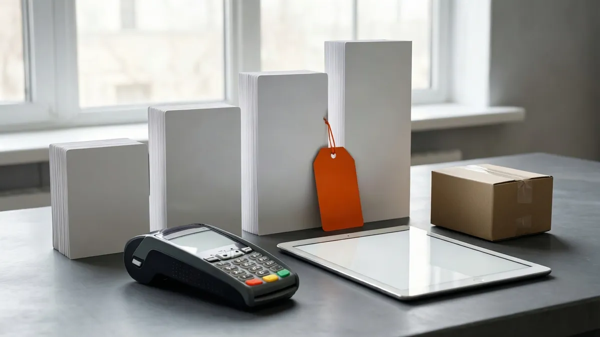 Weiße Bücher in aufsteigender Höhe, orangefarbener Anhänger, Tablet, Kartenterminal und braunes Paket auf grauem Tisch.
