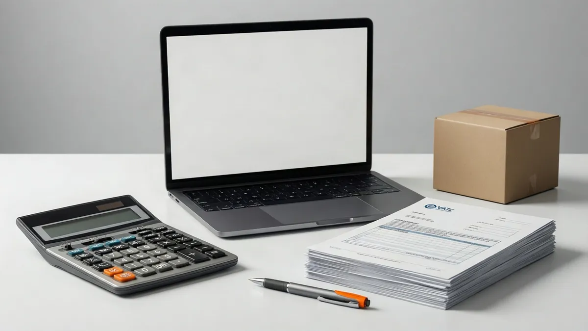 Auf einem weißen Tisch stehen ein offener silbergrauer Laptop mit weißem Bildschirm, ein schwarzer Taschenrechner, ein Stapel weißer Unterlagen, ein.