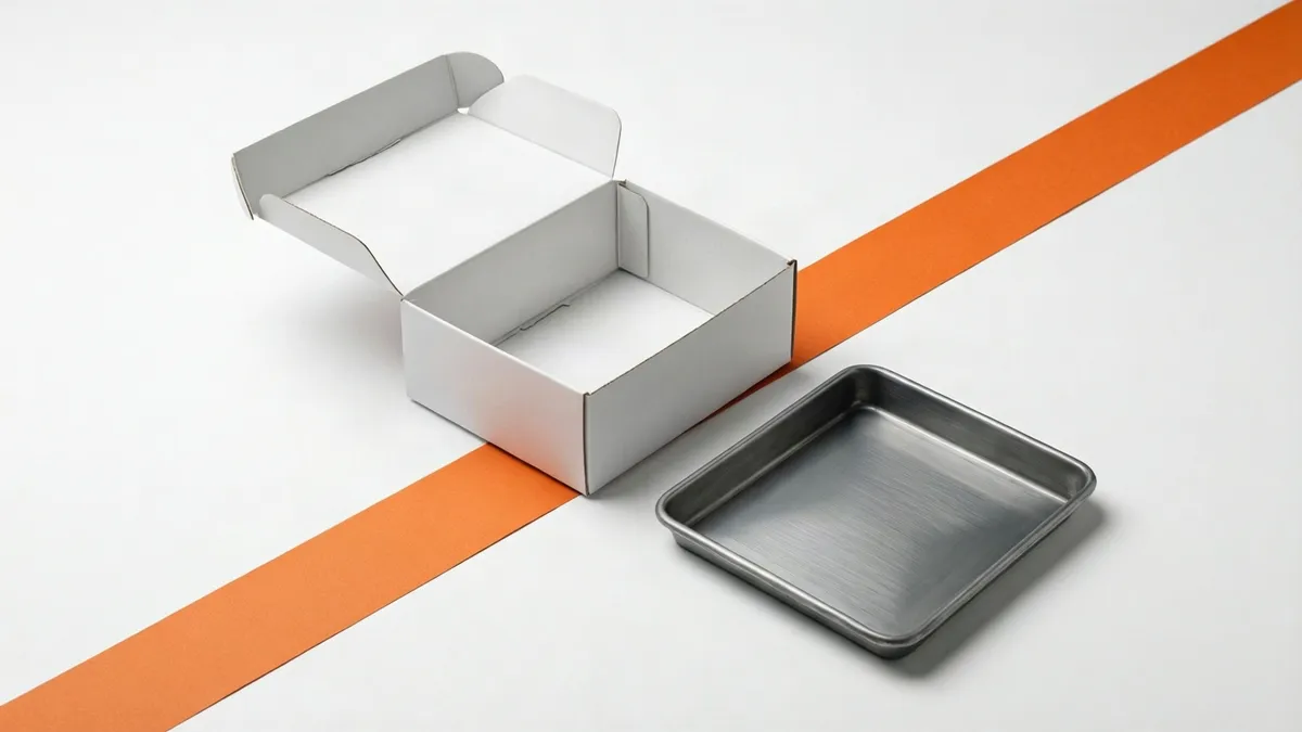 Ein geöffneter leerer weißer Karton und eine flache Metallschale auf weißer Fläche, gekreuzt von einem orangefarbenen Papierstreifen