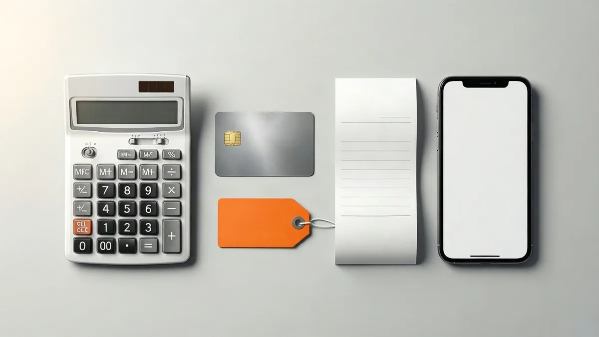 Auf einer hellen Oberfläche liegen ein Taschenrechner, eine Kreditkarte, ein orangefarbenes Preisschild, ein Kassenbon und ein Smartphone.