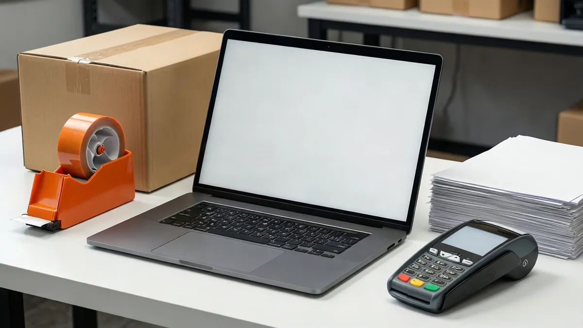 Eine graue Laptop steht auf einem weißen Tisch neben einem Karton, einem orangefarbenen Klebeständer und einem Stapel Papier.