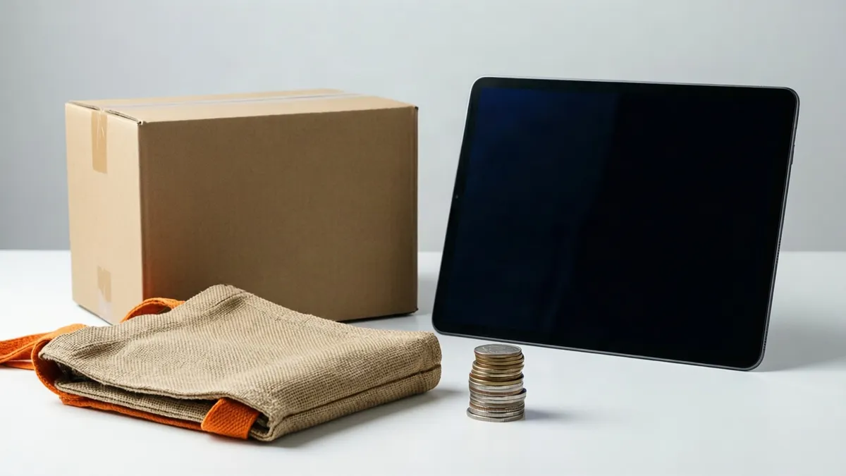 Ein brauner Karton, eine gefaltete Jute-Tasche mit orangefarbenen Henkeln, ein Tablet mit schwarzem Display und ein Münzstapel auf weißem Tisch.